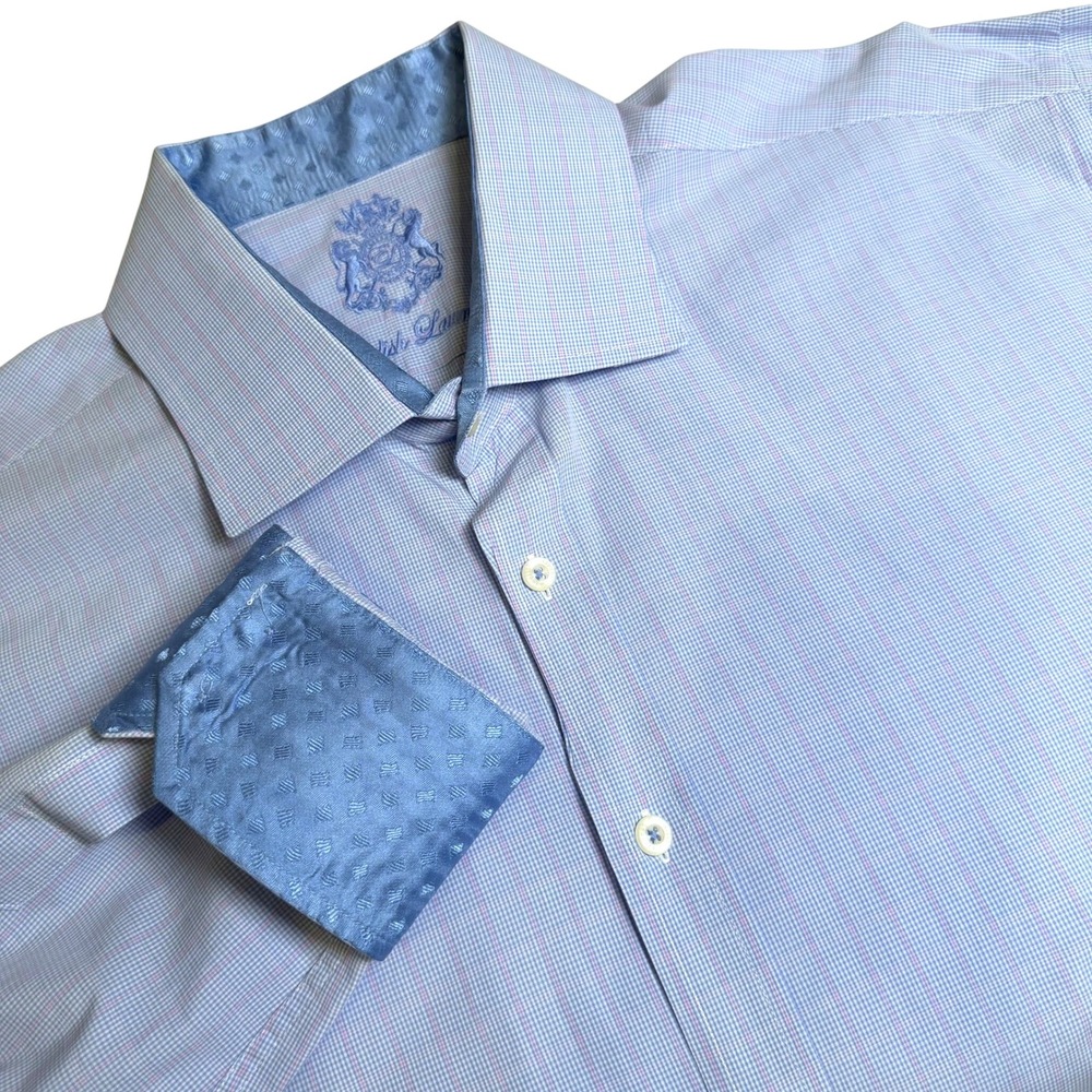 English Laundry Button Down Shirt Mens XL Blue Pink Micro Check Contrast Cuff